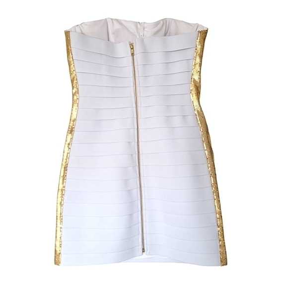 SOLD - Sherri Hill White Strapless Bandage Dress w/ Gold Chainmail Colorblock - Picture 3 of 4
